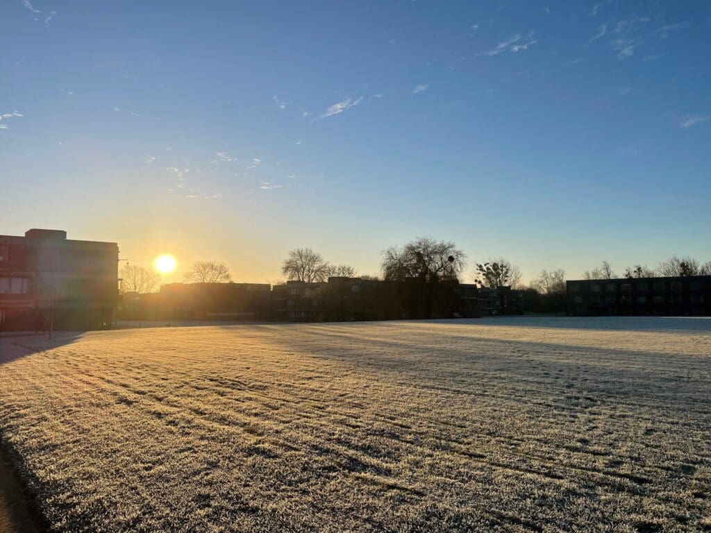 A frosty field under a clear blue sky at sunrise. The sun is low on the horizon, casting long shadows and illuminating the frost-covered grass. Trees and buildings silhouette the background.
