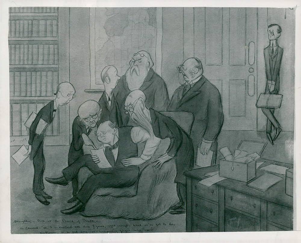 A black and white illustration depicts a group of elderly, balding men in suits gathered around a man sitting on a chair, discussing a document. The setting is a room with bookshelves and a closed door. One man is leaning against the wall, observing.