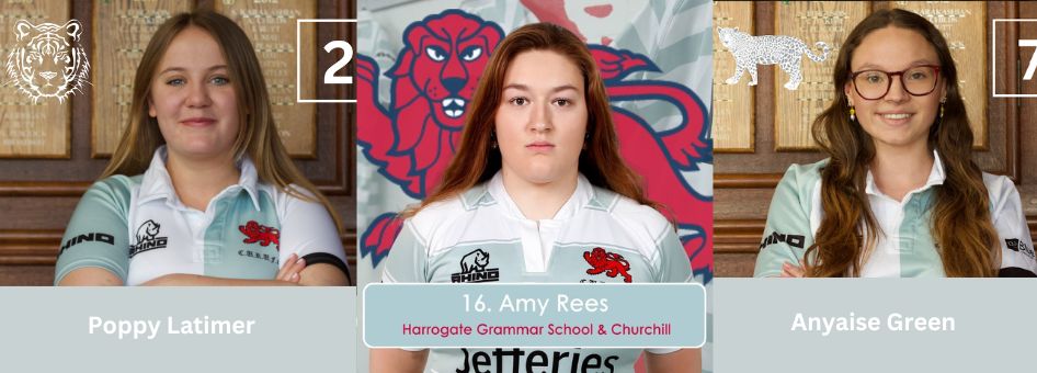 Three women in rugby jerseys are lined up. On the left, Poppy Latimer, in the center, Amy Rees from Harrogate Grammar School, and on the right, Anyaise Green. Each has a number and animal symbol at the top of their image section.