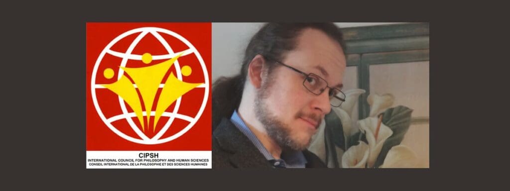 Logo of CIPSH featuring stylized human figures within a globe on the left. On the right, a person with long hair and glasses is looking at the camera, standing in front of a floral painting.