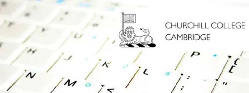 The Churchill College logo on top of a computer keyboard