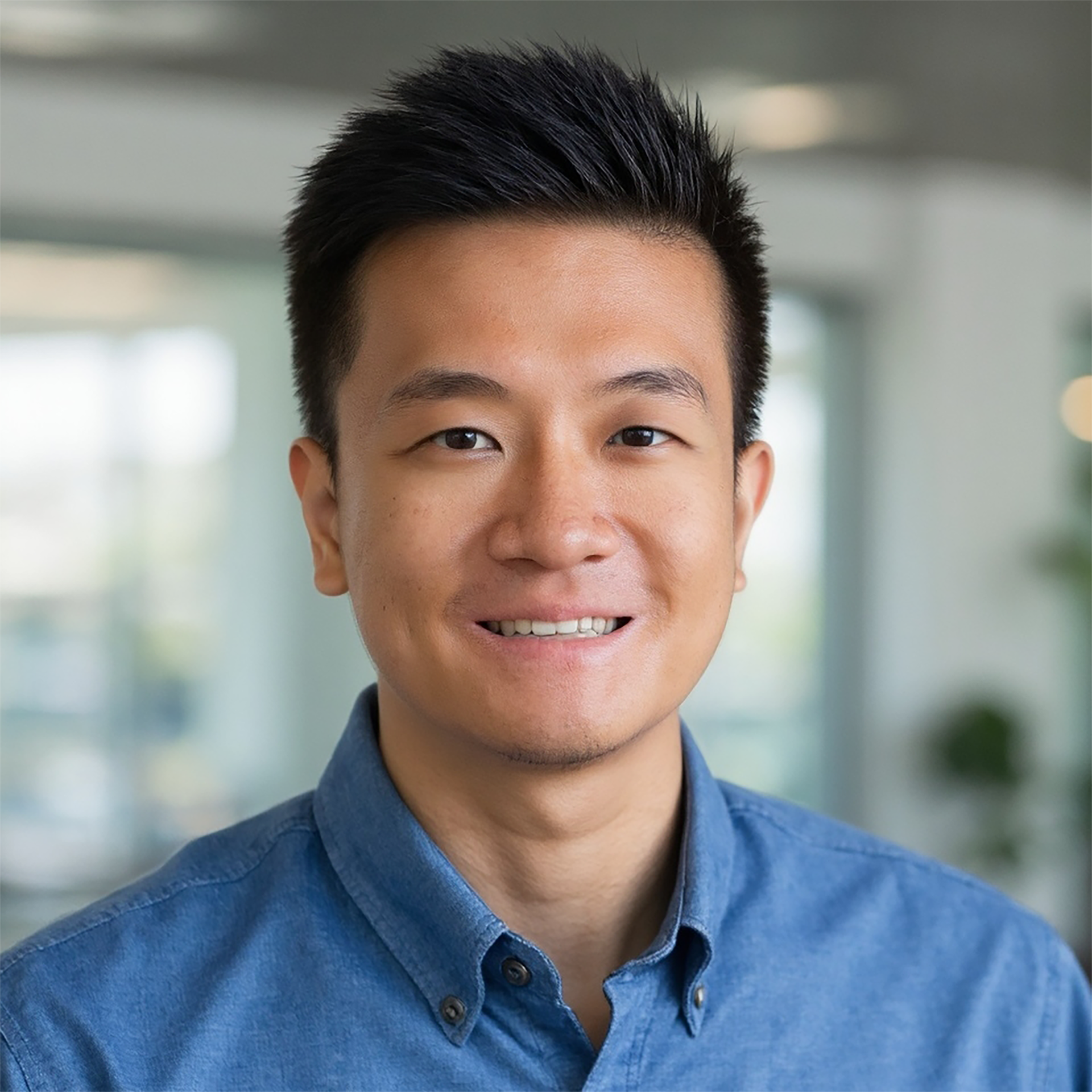 A young man with short black hair, wearing a blue button-up shirt, smiles at the camera in a bright, modern indoor setting with blurred background.