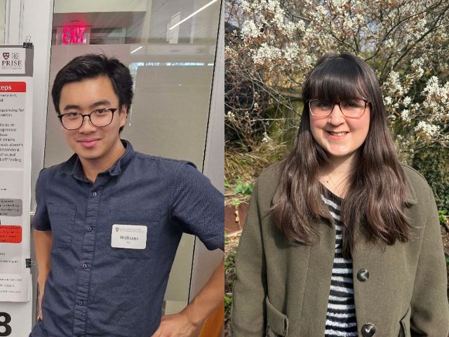 William Le standing by a poster and Holly Curtis standing in front of a cherry tree